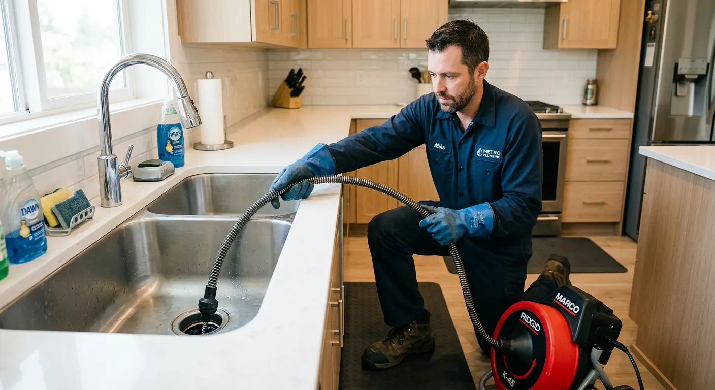 Drain cleaning technician using a motorized snake on a kitchen sink in Lewisboro