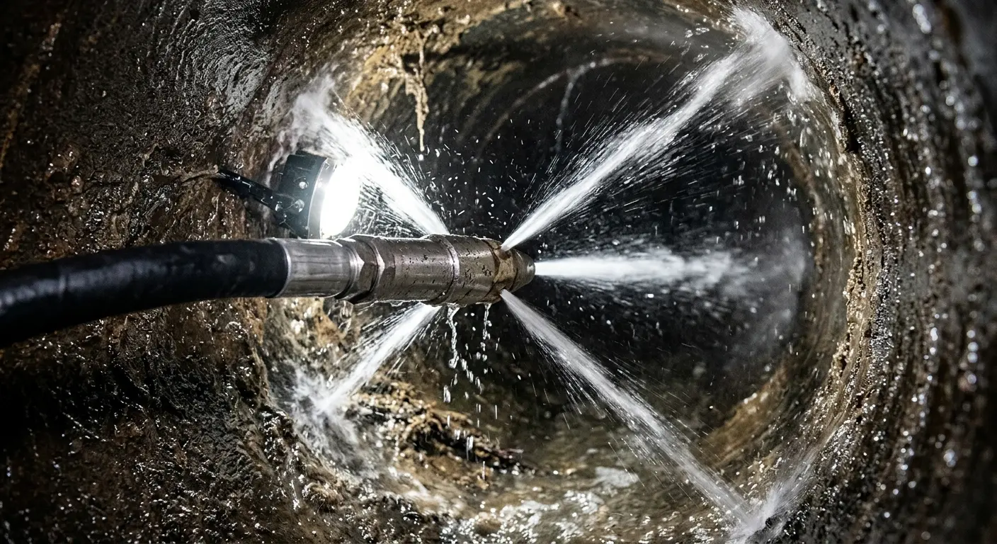 High-pressure hydro jetting nozzle cleaning sewer pipe for Trenchless Sewer Repair in Lewisboro