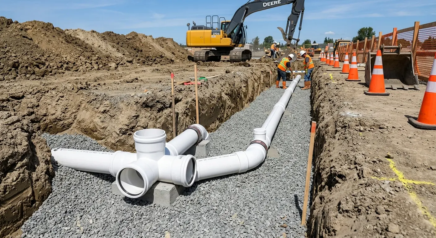 New PVC sewer pipe installation in open trench for Sewer Backup in Lewisboro