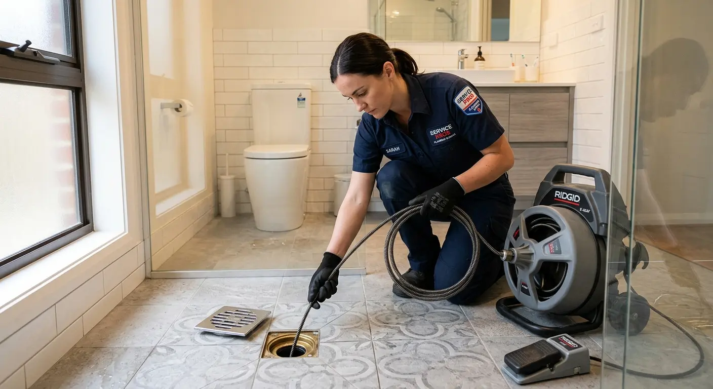 Technician clearing a bathroom floor drain for Clogged Drain Repair in Lewisboro